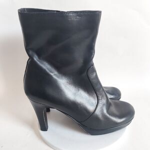 Nine West Ultimate Black Mid-Calf Leather Boots 4" Stacked High Heel Office 7.5